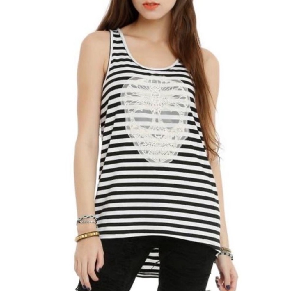 Hot Topic Black White Stripped Lace Sugar Skull High-Low Tank Top